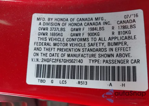 2016 Honda Civic Lx из США, поврежденный, VIN 2HGFC2F67GH562140